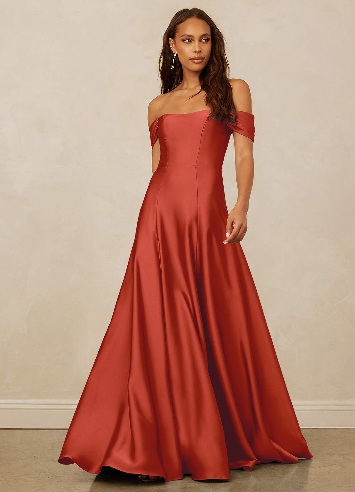 Christian Siriano Bridal for Azazie 1002 Bridesmaid Dresses Rust A-Line Off the Shoulder Stretch Satin Convertible Dress image1