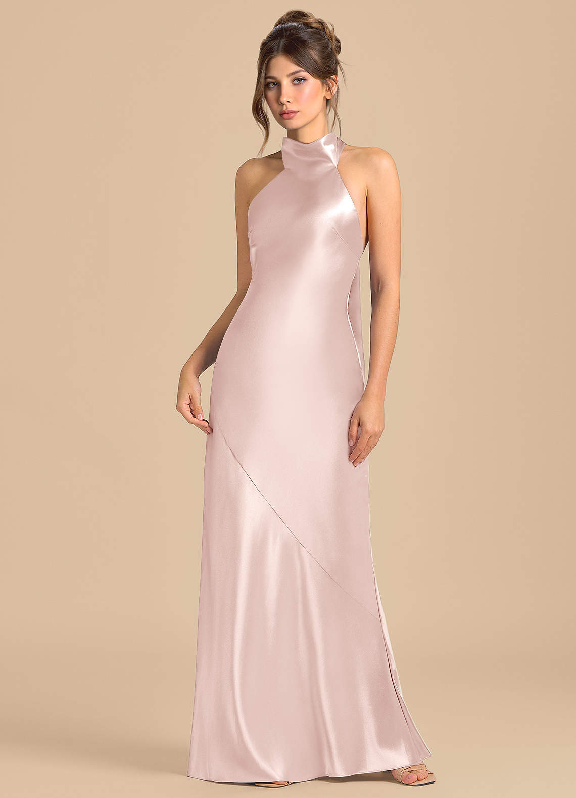 Azazie Velli Robes de demoiselle d'honneur Robe Fourreau en Satiné métallisé Col Haut Rose Pâle image2