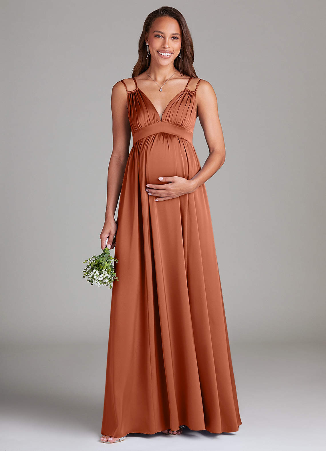 Azazie Emree Maternity Bridesmaid Dresses A-Line Stretch Satin Floor-Length Dress with Pockets image1