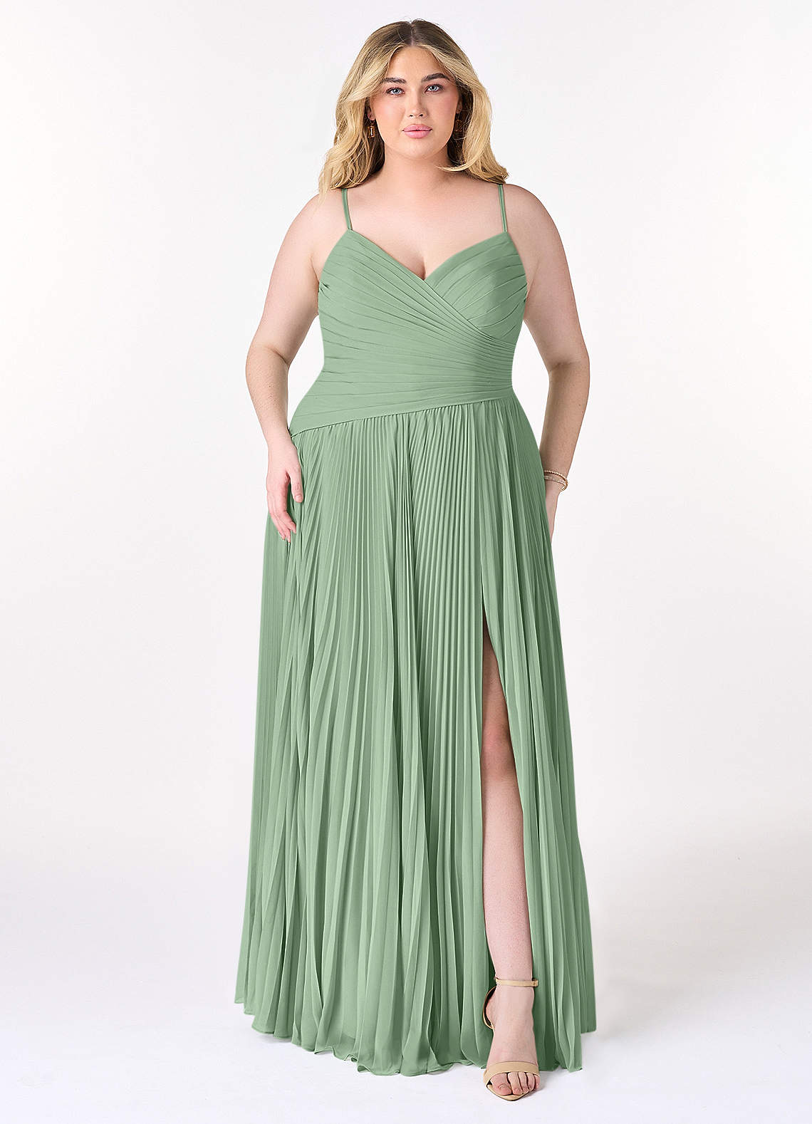 Azazie Vini Abiti da Damigella Abito A-Line in Chiffon con Scollo a V a Pieghe Matcha image1