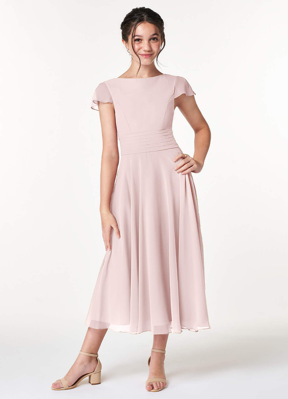 Azazie Payton Junior Robe Trapèze en Mousseline de soie Arc Rose Pâle image1