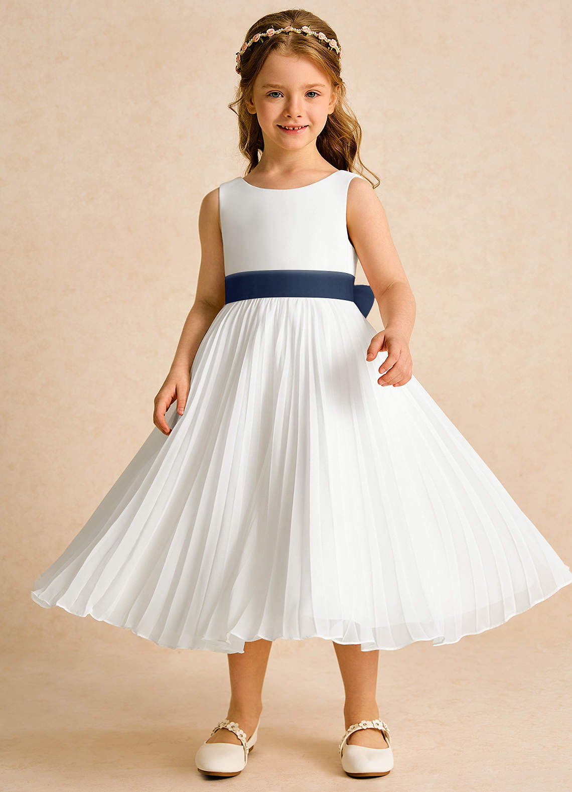 Azazie Margot Flower Girl Dresses Ivory Dark Navy A-Line Pleated Chiffon Dress image3