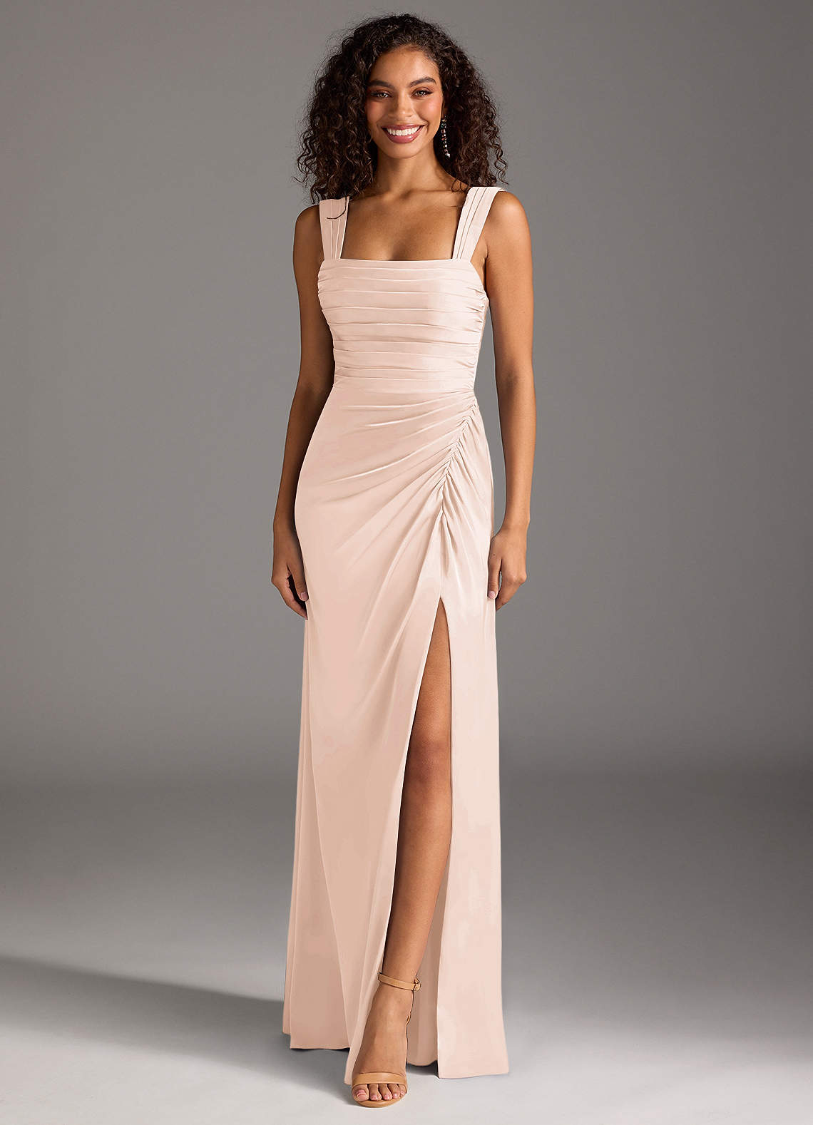 Azazie Jesaphine Bridesmaid Dresses Blushing Pink Sheath Bow Stretch Satin Dress image1