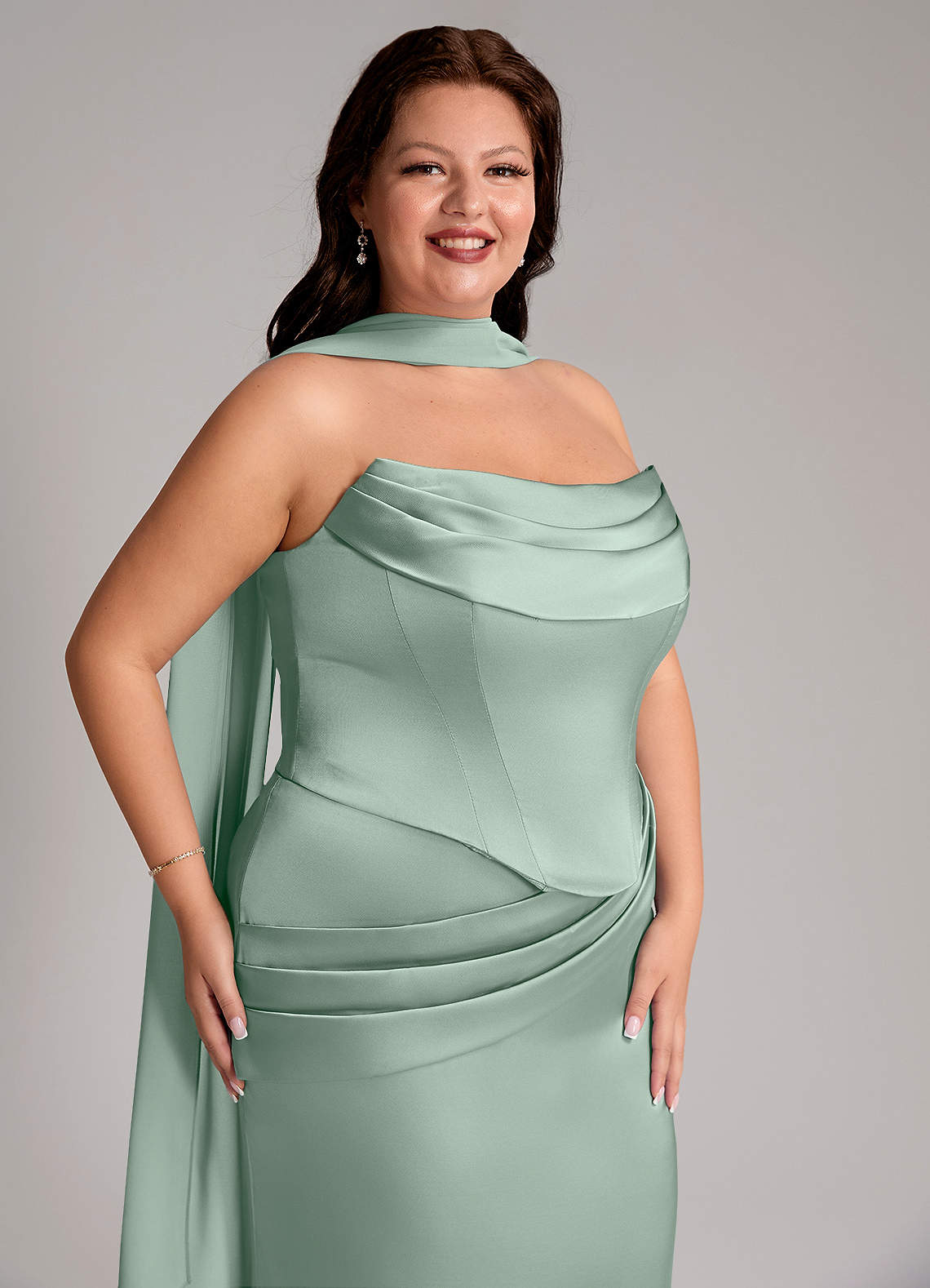 Azazie Sorrel At-home Try On Dresses Agave Mermaid Strapless Stretch Satin Convertible Dress image9