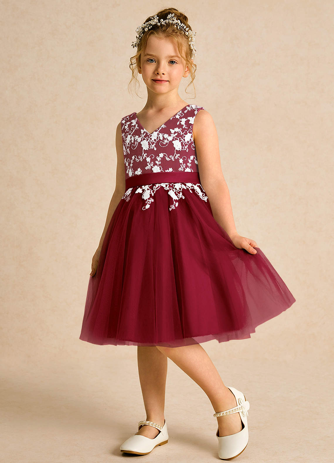 Azazie Butterfly Flower Girl Dresses Burgundy A-Line Lace Dress image3