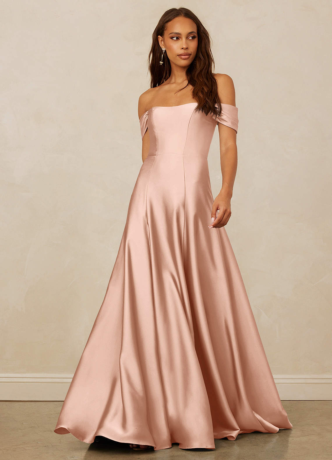Christian Siriano Bridal for Azazie 1002 Bridesmaid Dresses Rose Gold A-Line Off the Shoulder Stretch Satin Convertible Dress image1