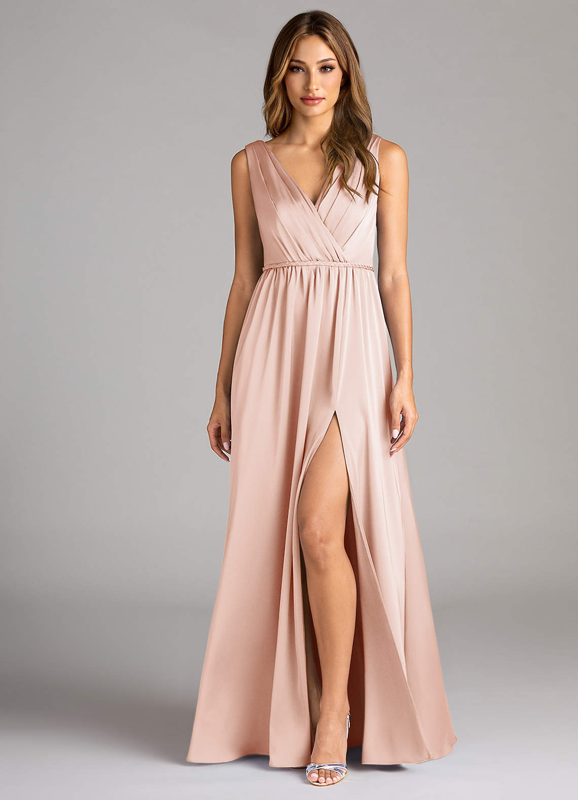 Azazie Tanicia Bridesmaid Dresses Blushing Pink A-Line Pleated Stretch Satin Dress image1