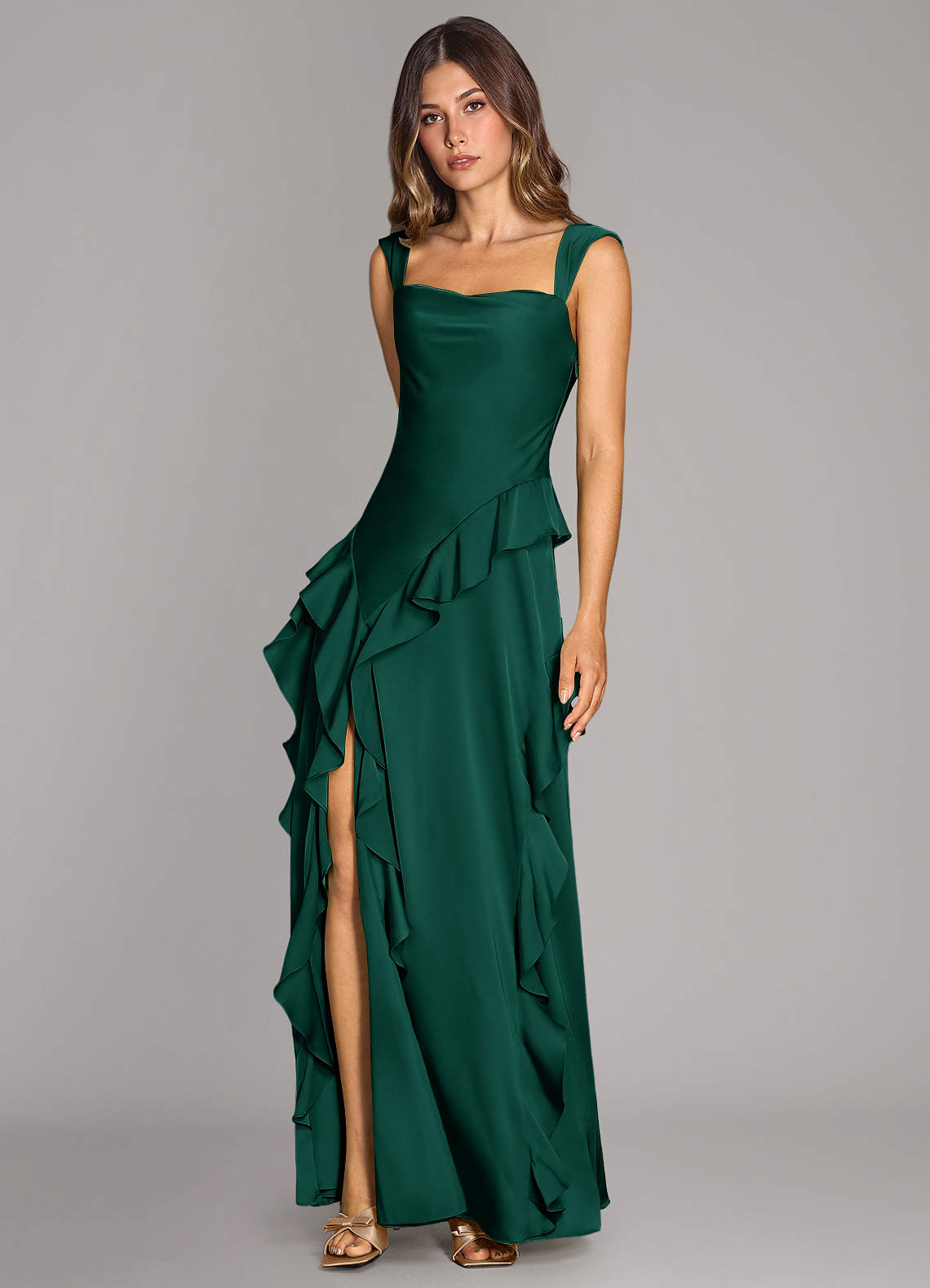 Azazie Sloane At-home Try On Dresses Emerald A-Line Sweetheart Neckline Stretch Satin Dress image3