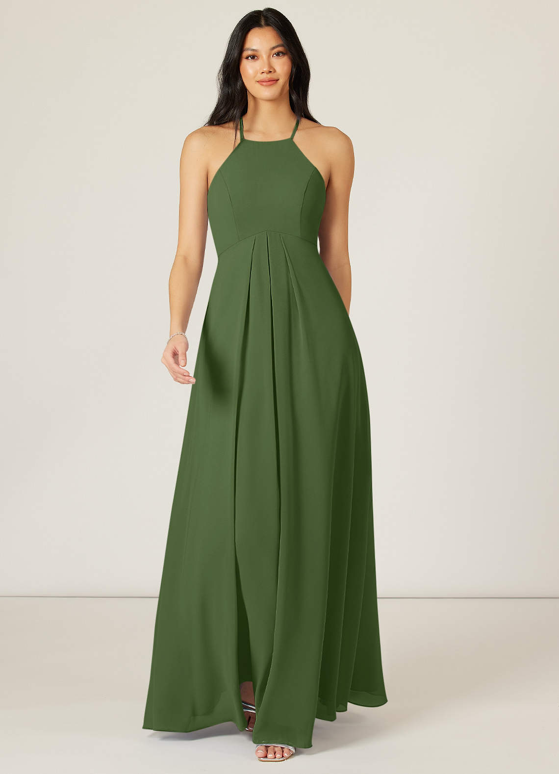 Azazie Sarah Bridesmaid Dresses Olive Empire Pleated Chiffon Dress image1