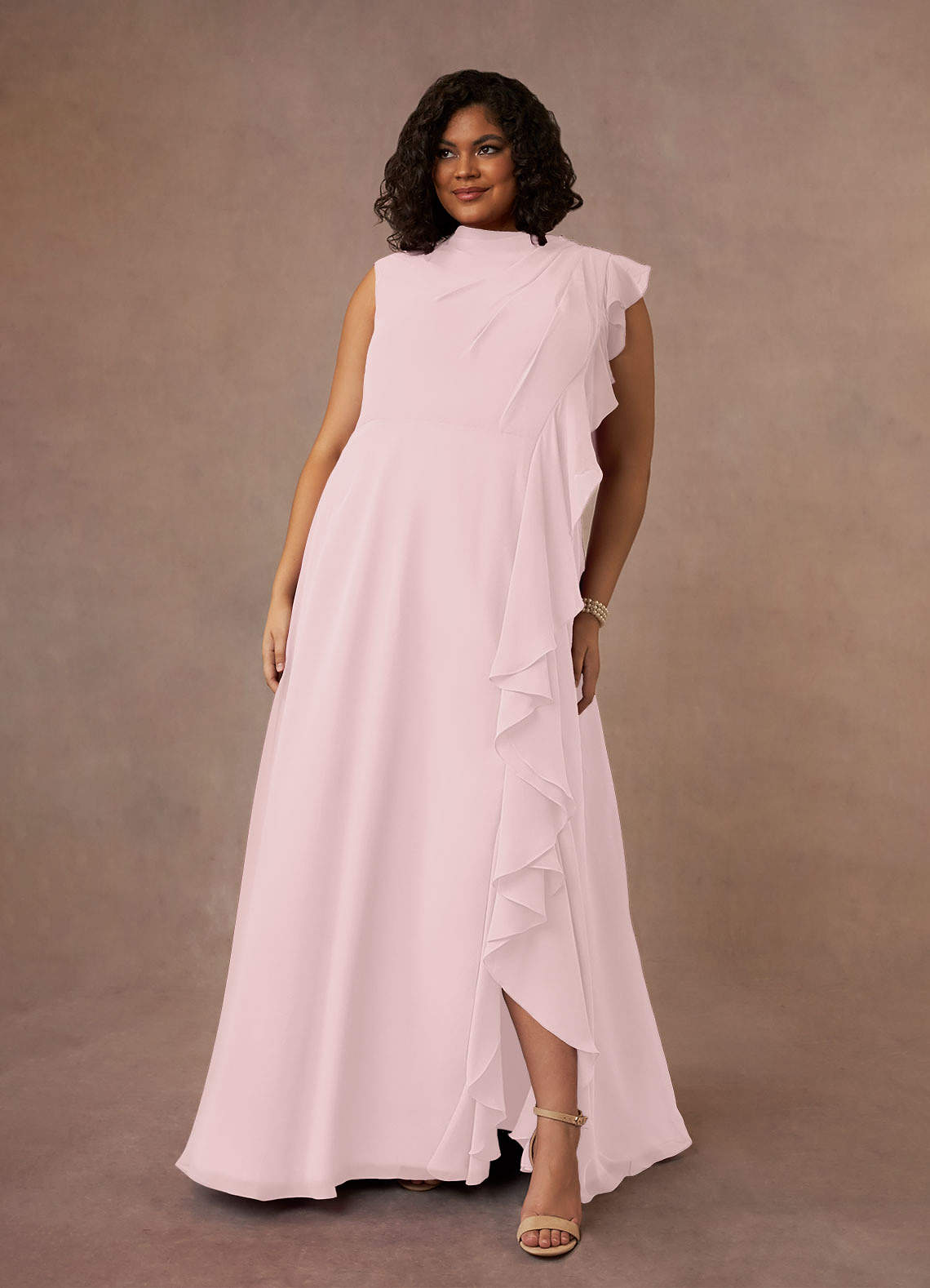 Azazie Narine Mother of the Bride Dresses Blushing Pink A-Line High Neckline Pleated Chiffon Dress image1