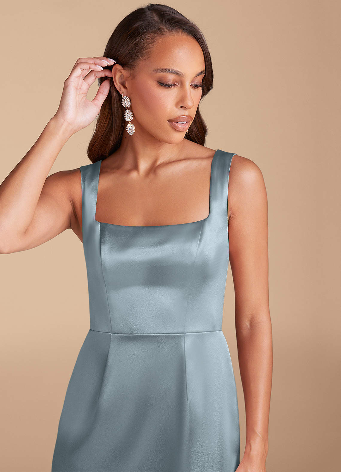 Azazie Flori Bridesmaid Dresses Dusty Blue Sheath Side Slit Metallic Satin Dress image1