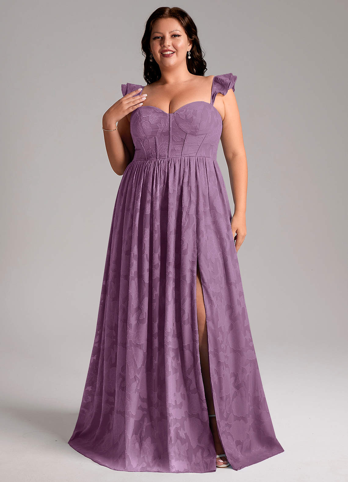 Azazie Denisse Vestidos de madrinha de casamento Vestido Glicínia de Esgotamento Floral de Linha A com Ruched image6