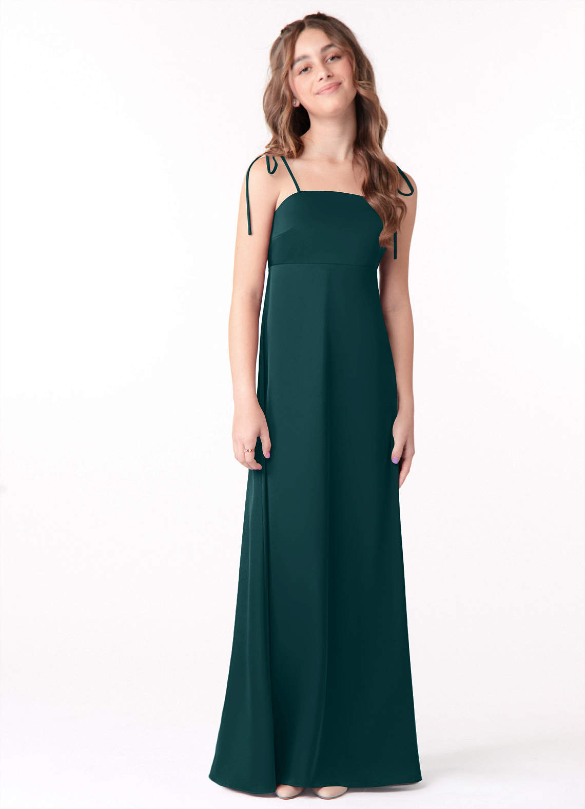 Azazie Violeta Junior Robe Trapèze en Satin extensible Arc Vert Pin image1