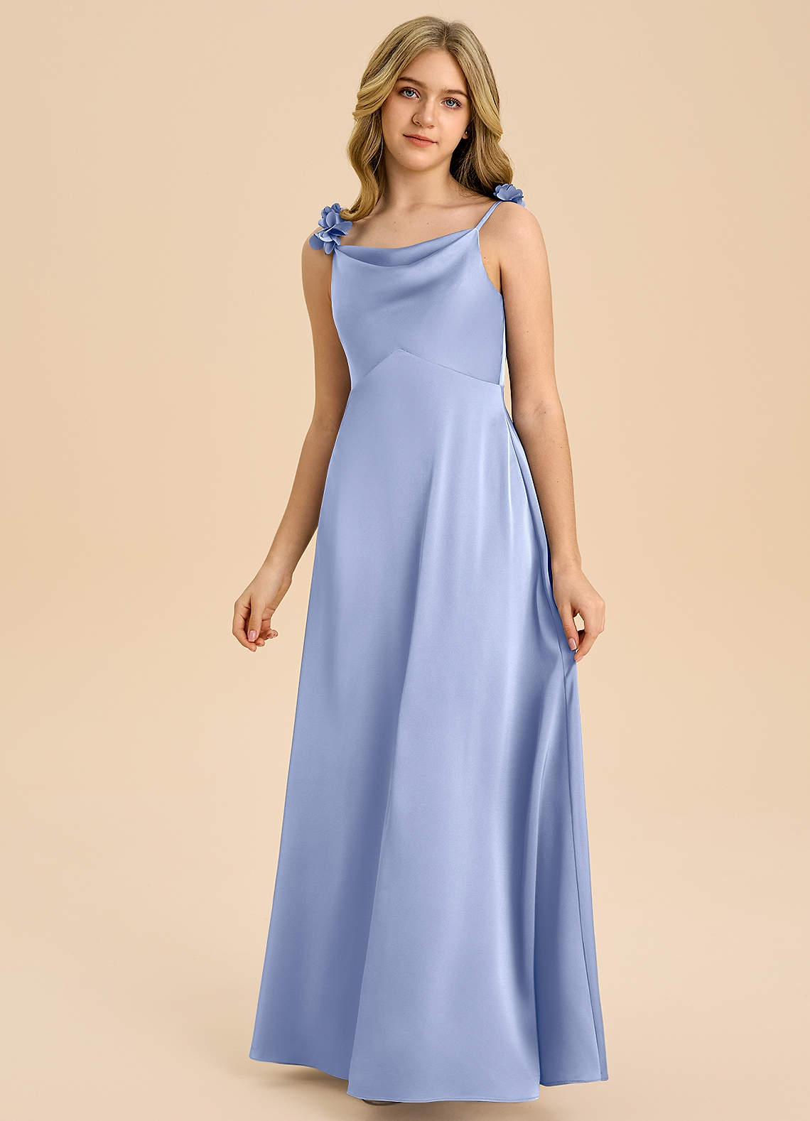Azazie Gumdrop Junior Dusty Sage Empire Pleated Stretch Satin Dress image2