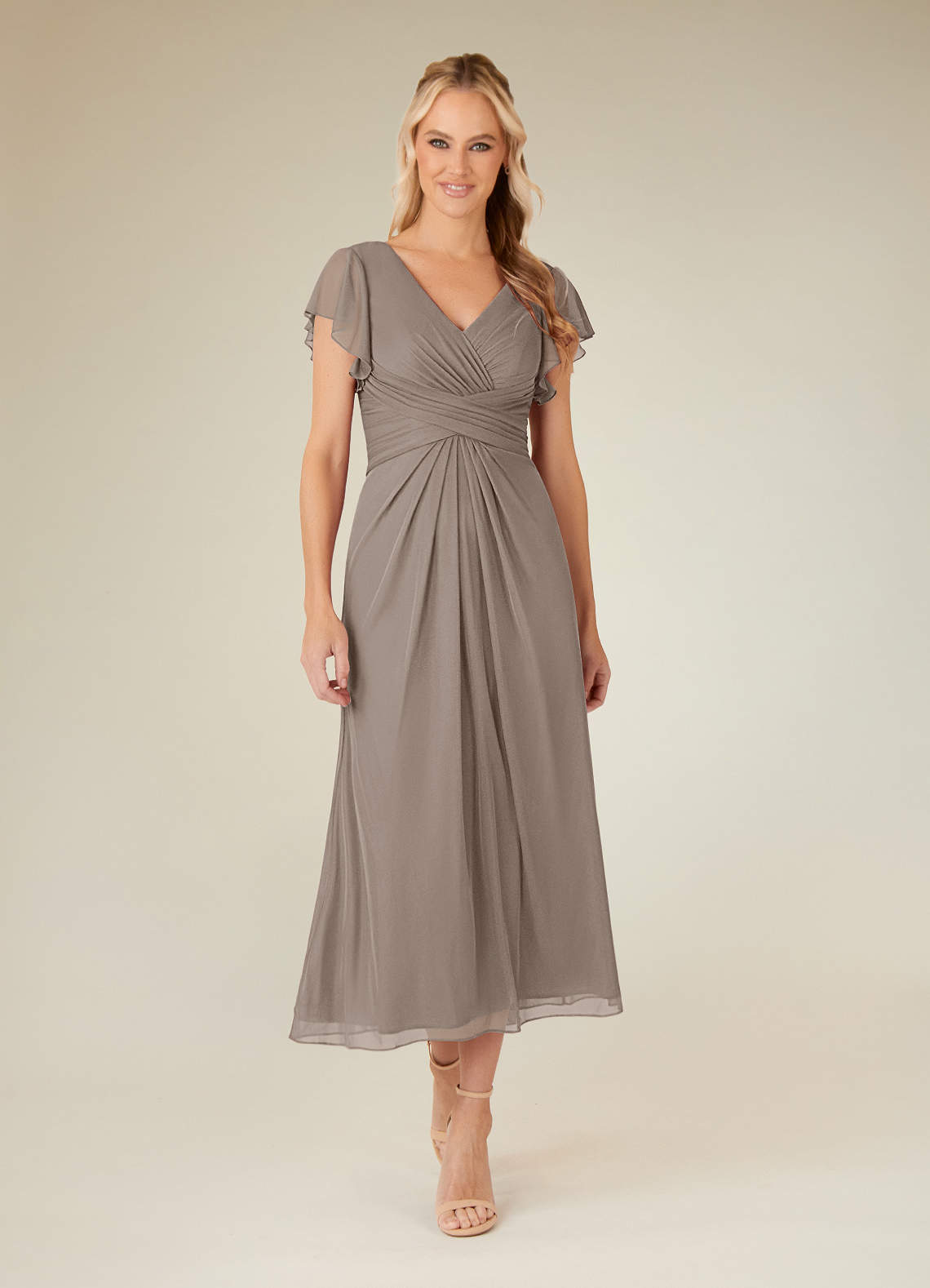 Azazie Vera Abiti per la Madre della Sposa Abito A-Line in Maglia con Scollo a V a Pieghe Taupe image1