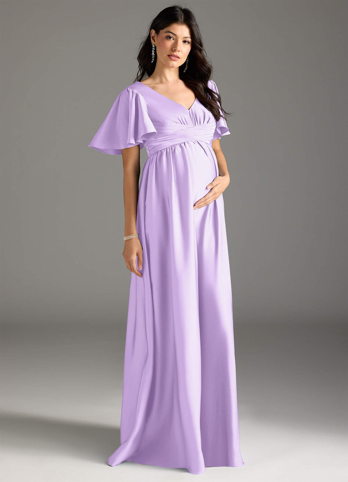 Azazie Verna vestidos de dama de honor de maternidad Vestido de Corte en A Volante Hasta el suelo Satén Elástico image4