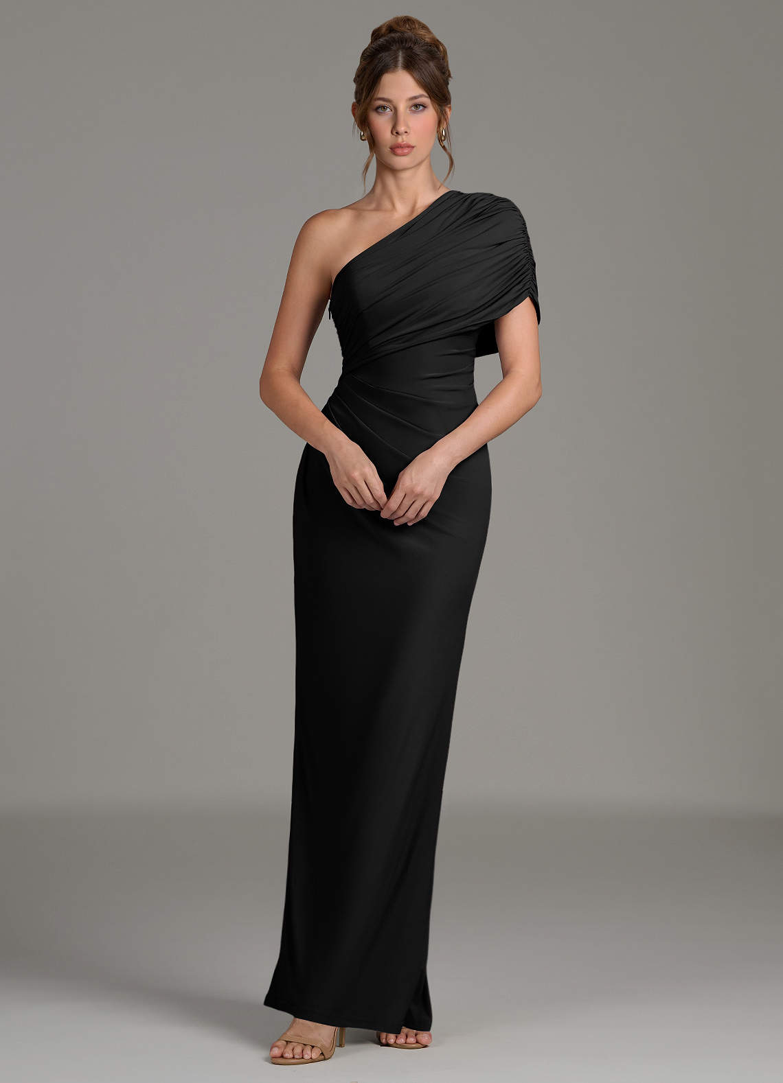 essence bridesmaid dresses Azazie Sheath One-Shoulder Floor-Length Premium Stretch Jersey Bridesmaid Dresses