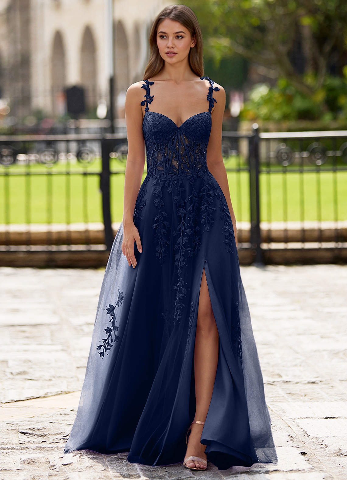 a line navy prom dress Dreamscape Blue A-line US SIZE:2 Prom Dresses ESN-S22704 When girl groups wear