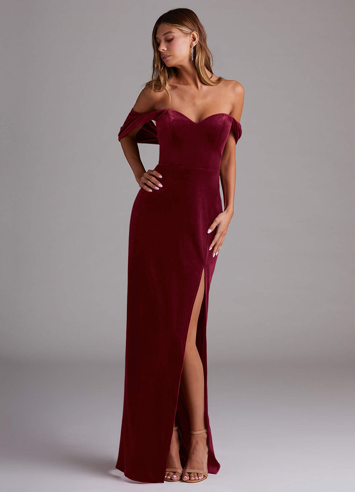 Azazie Shay Bridesmaid Dresses Burgundy Sheath Off the Shoulder Velvet Convertible Dress image1