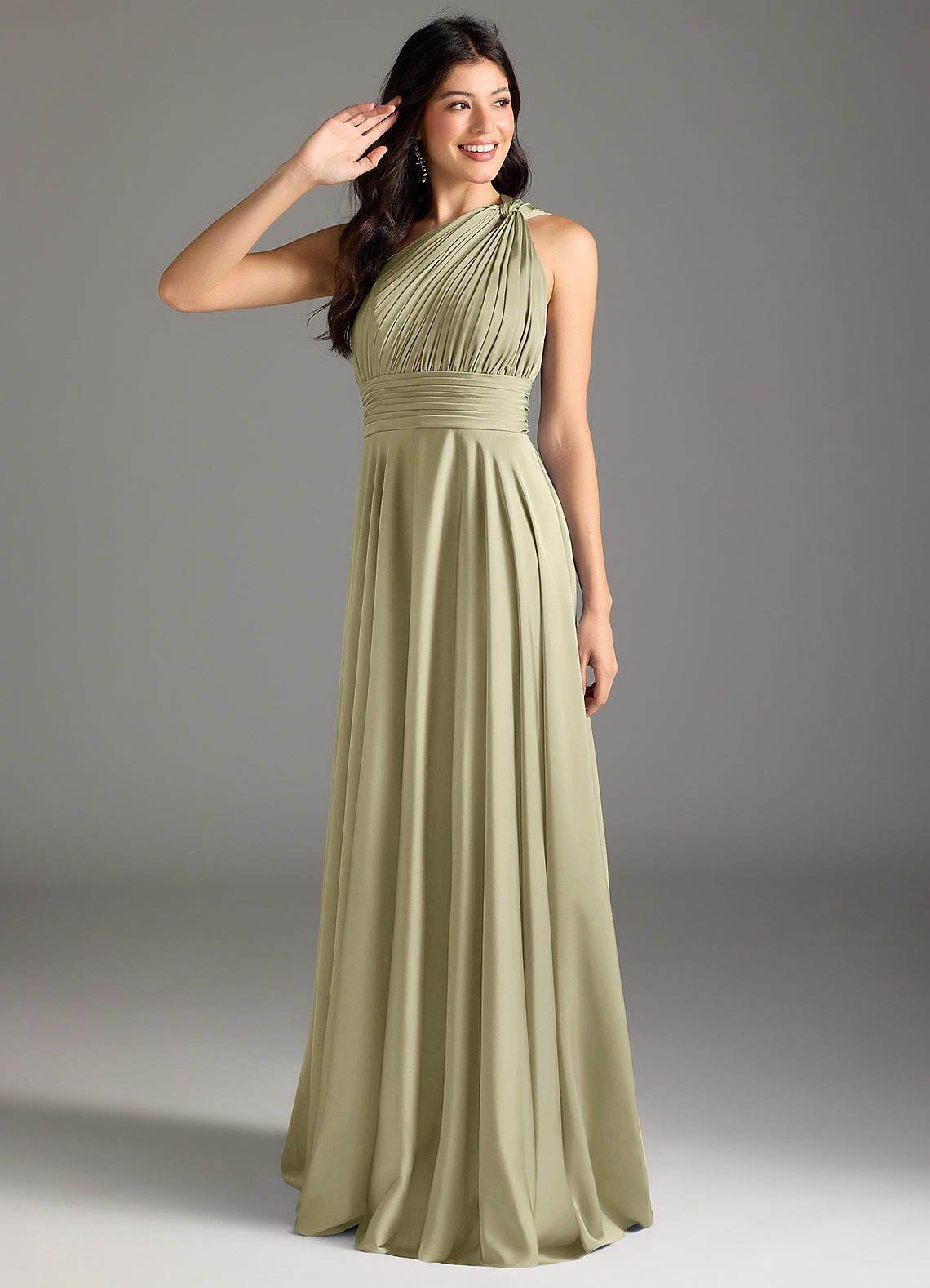 Azazie Charlize Bridesmaid Dresses Pistachio A-Line One Shoulder Stretch Satin Dress image1