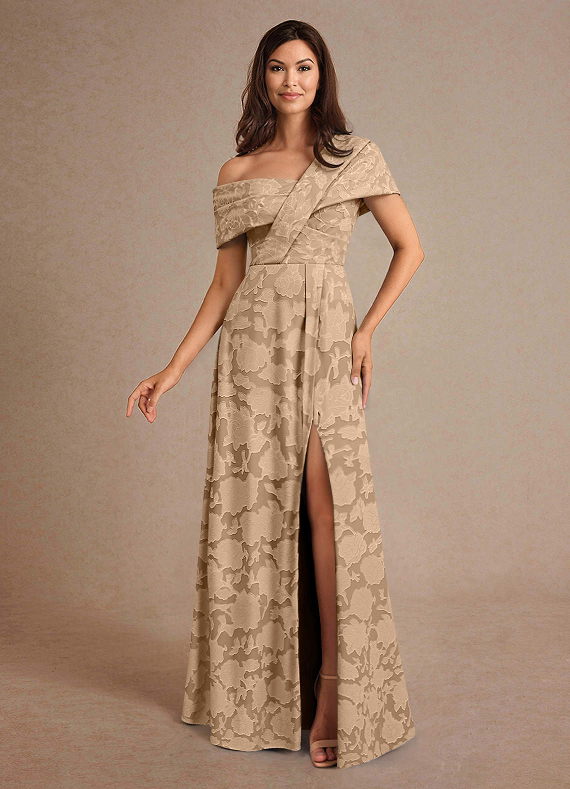 Azazie Milton Kleider für die Brautmutter A-Linie Plissee Blumen-Burnout Kleid Champagner image1