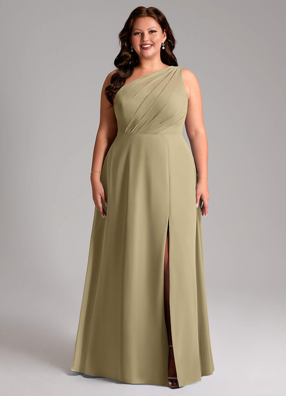 Azazie Phaedra Abiti da Damigella Abito A-Line in Chiffon Monospalla Verde Muschio image1