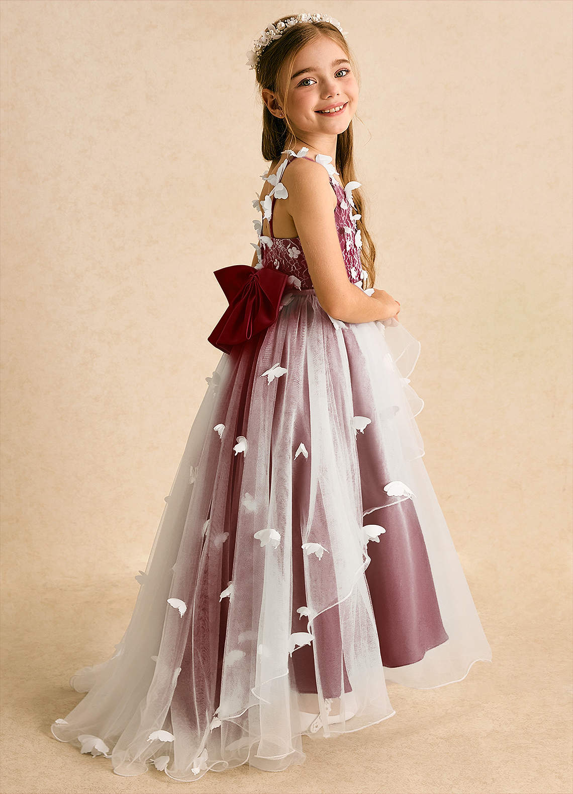 Azazie Darlina Flower Girl Dresses Ivory Burgundy Ball-Gown Lace Tulle Dress image1