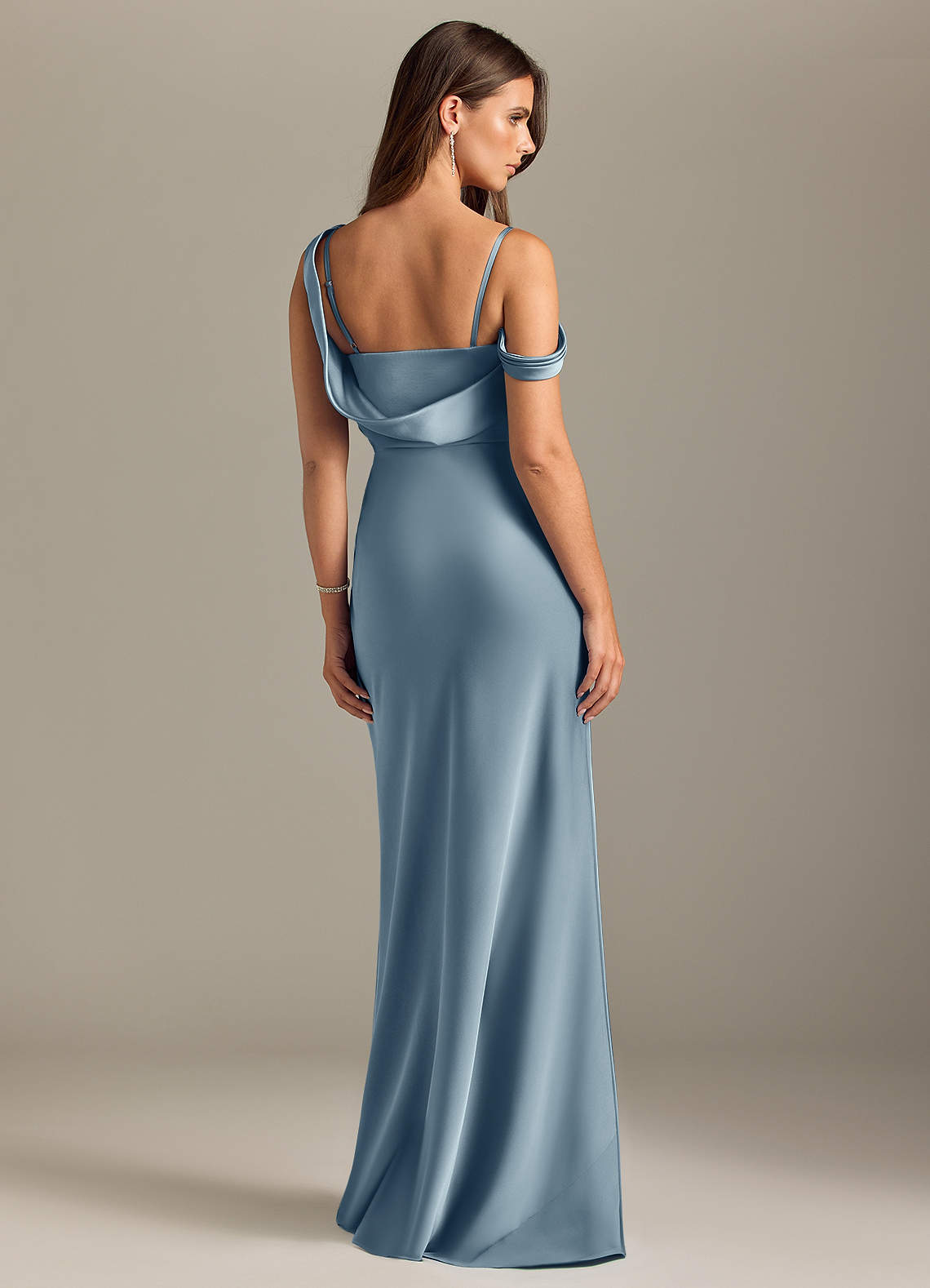 Azazie Madelyn Bridesmaid Dresses Dusty Blue Mermaid Off the Shoulder Stretch Satin Convertible Dress image1