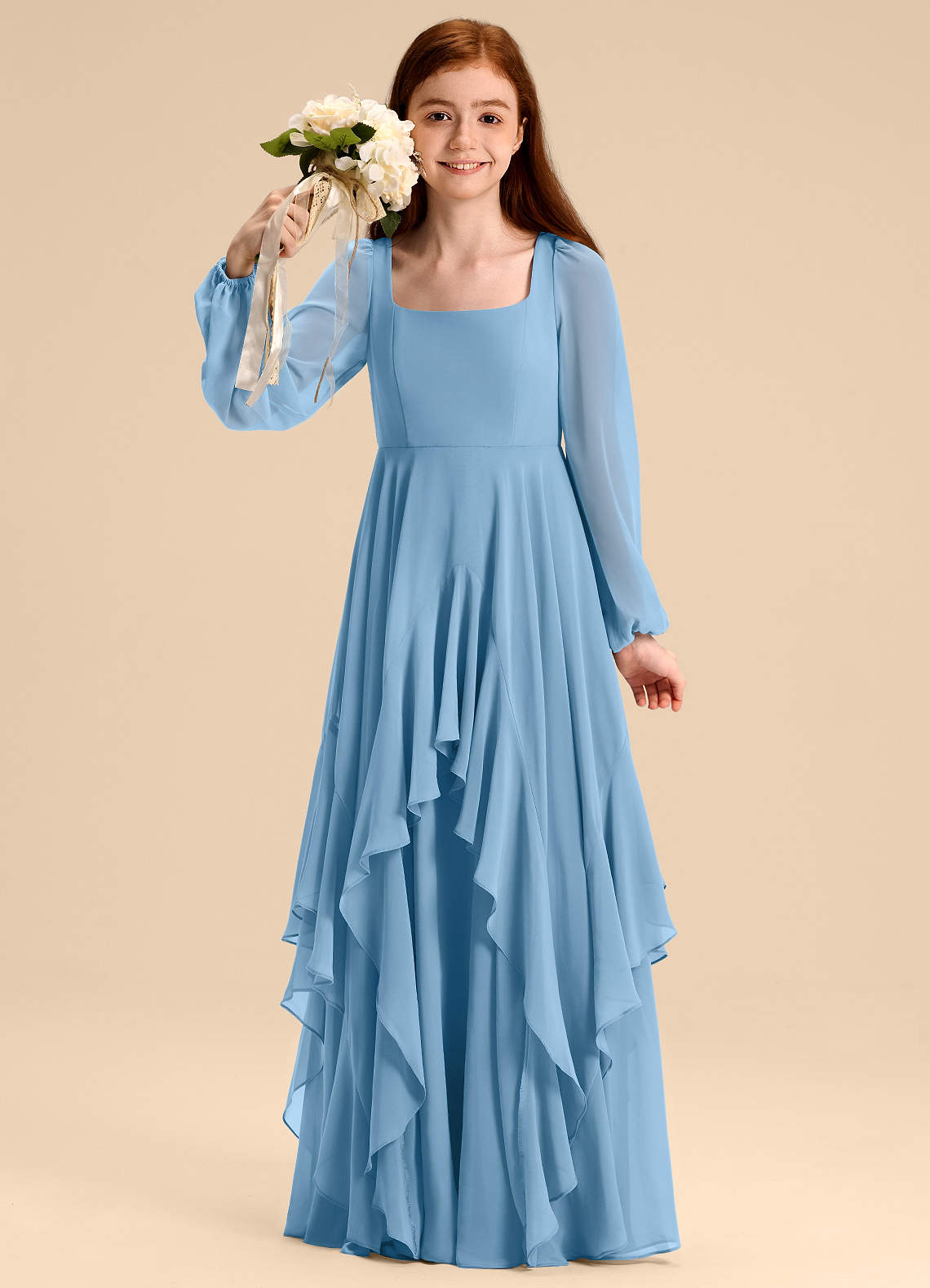 Azazie Clara Junior Abito A-Line in Chiffon Blusa Blu Acciaio image1