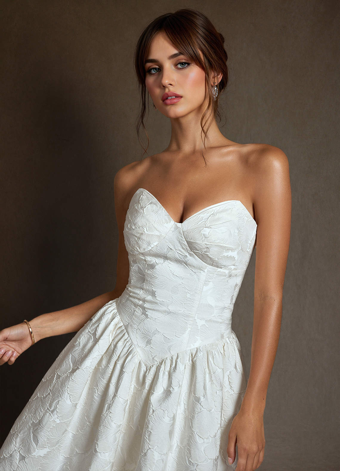 Azazie Devam Wedding Dresses Diamond White A-Line Strapless Floral Jacquard Dress image6