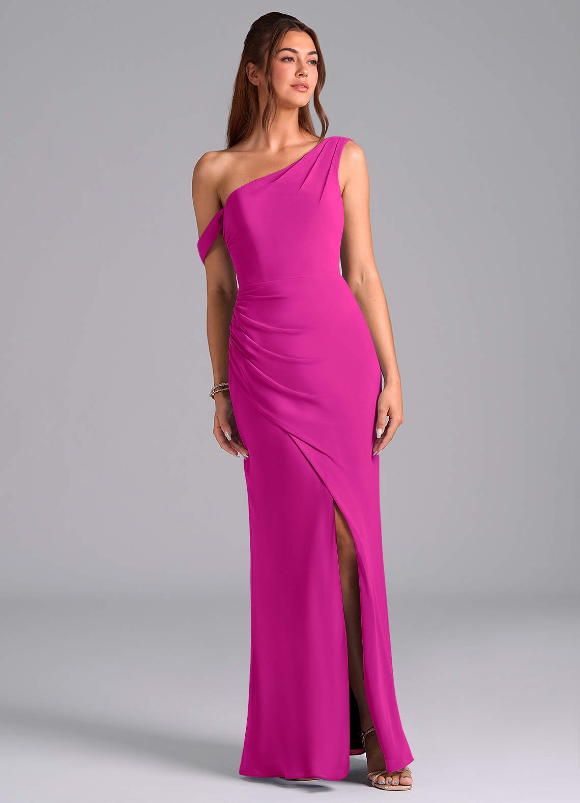 Azazie Madelyn Bridesmaid Dresses Fuchsia Mermaid Off the Shoulder Chiffon Convertible Dress image1