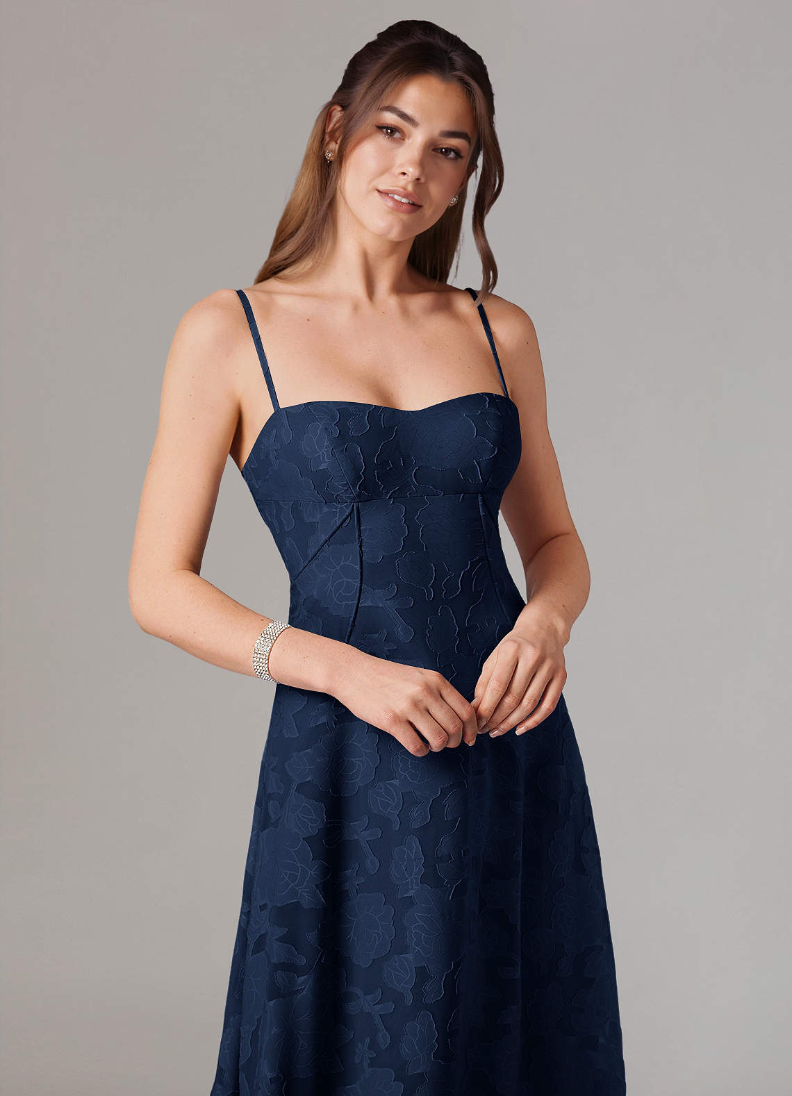 Azazie Valentine Bridesmaid Dresses Dark Navy A-Line Sweetheart Neckline Floral Burnout Dress image1