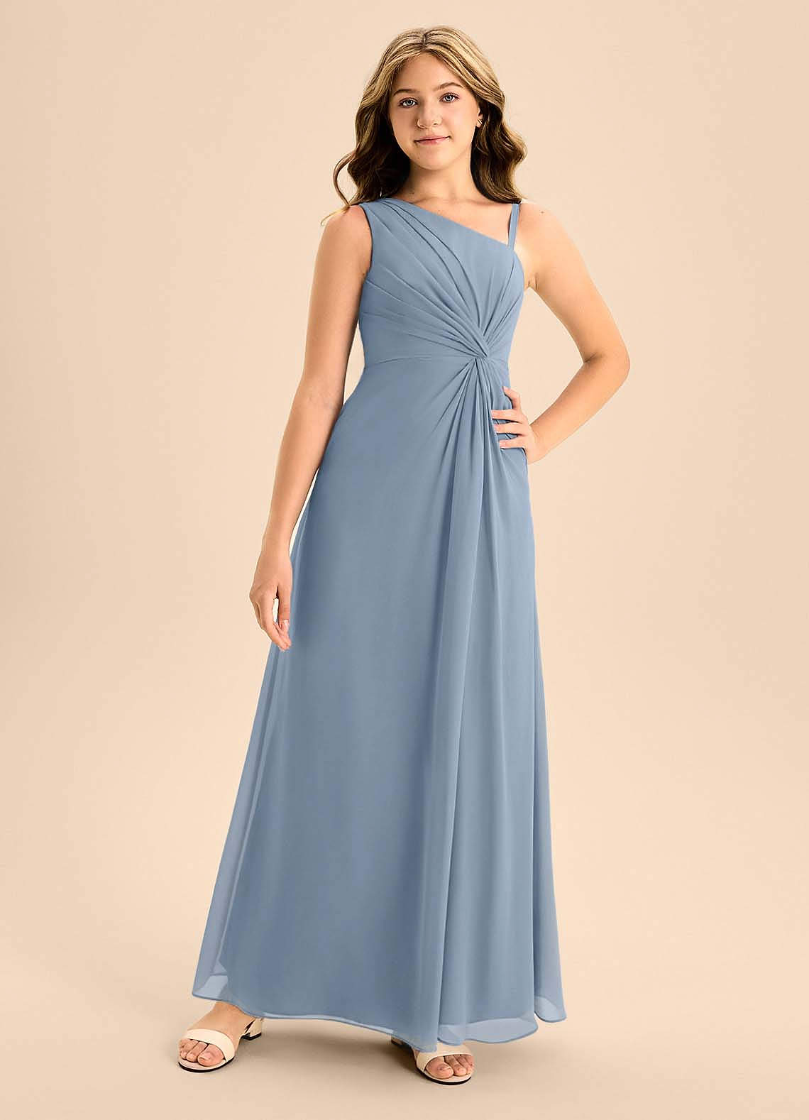 Azazie Brooke Junior Dusty Blue A-Line Side Slit Chiffon Dress image3