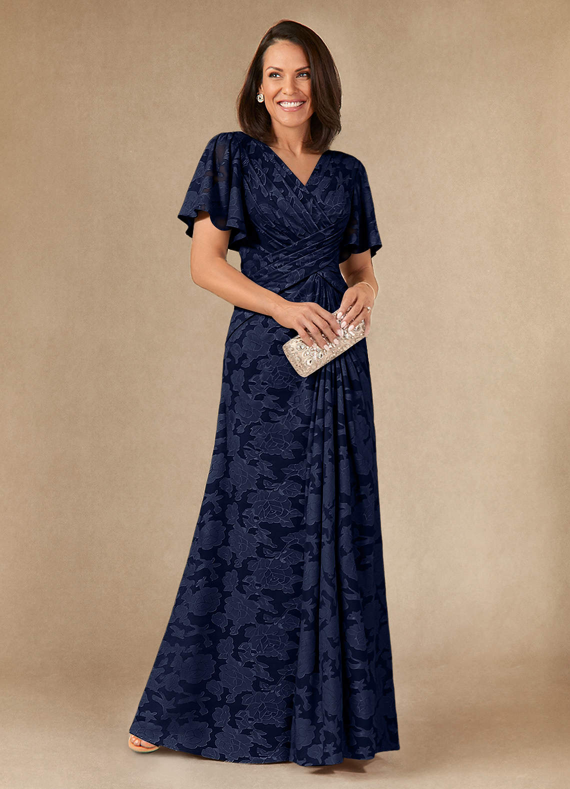 Azazie Emmeline Vestidos para mãe da noiva Vestir Azul Marinho de Esgotamento Floral de Linha A com Plissado image1