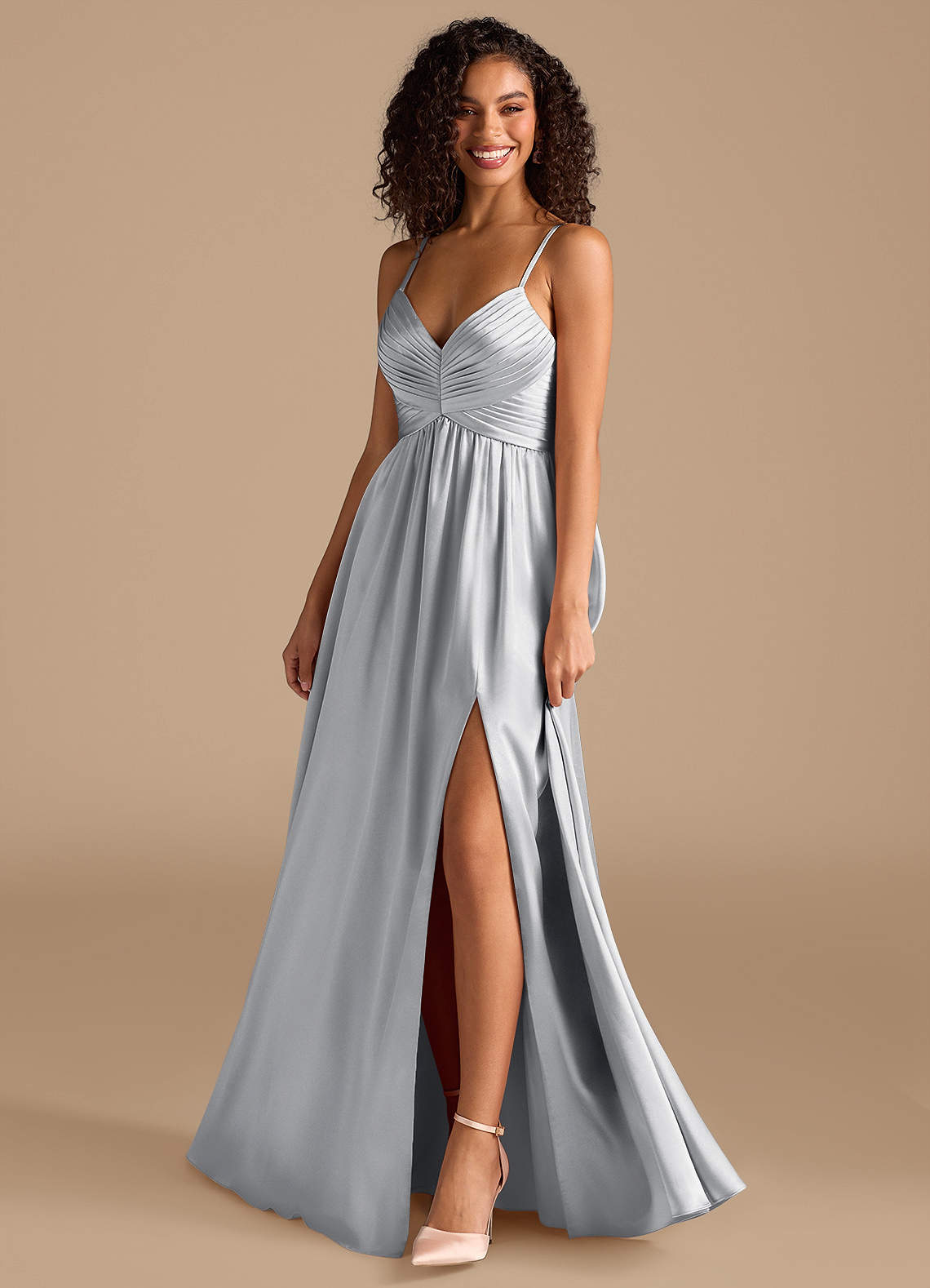 Azazie Alia Bridesmaid Dresses Silver A-Line Pleated Metallic Satin Dress image6