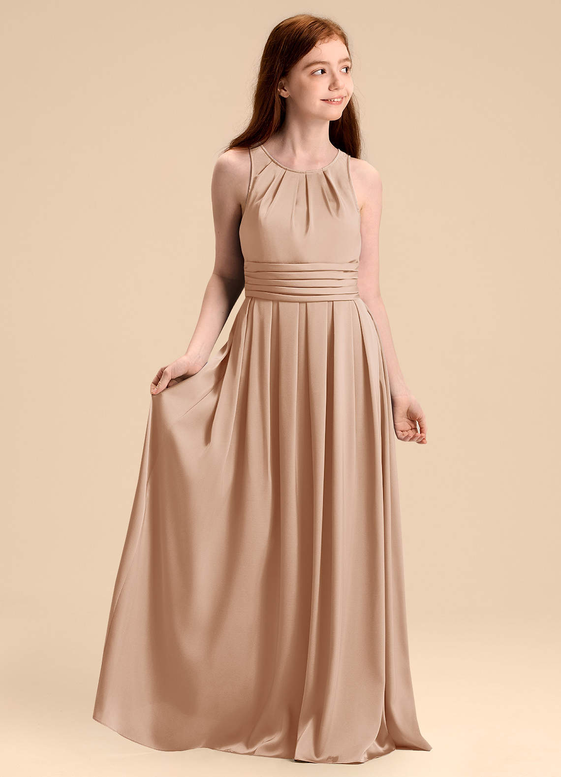 Azazie Bibiane Junior English Rose A-Line Pleated Stretch Satin Dress image1