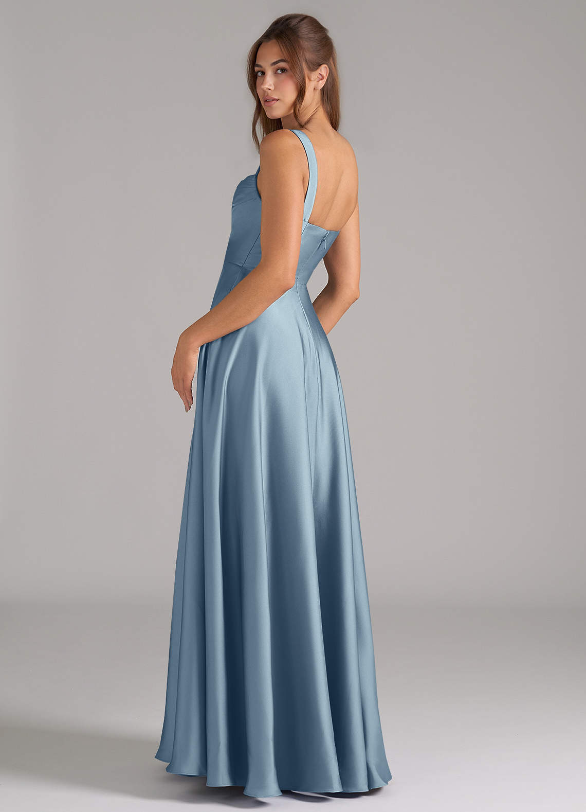 Azazie Shaude Bridesmaid Dresses Dusty Blue A-Line Pleated Stretch Satin Dress image6