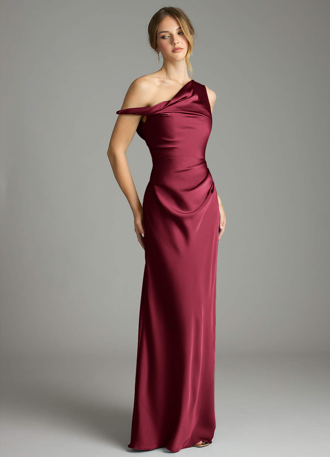 off the shoulder burgundy bridesmaid dress Azazie Mermaid One-Shoulder Floor-Length Stretch Satin Dresses wine bridesmaid dresses