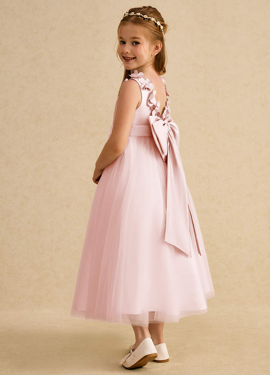 Azazie Lilli Robe Demoiselle D'honneur Fillette Robe Trapèze en Tulle Arc Rose Blush Rose Blush image3