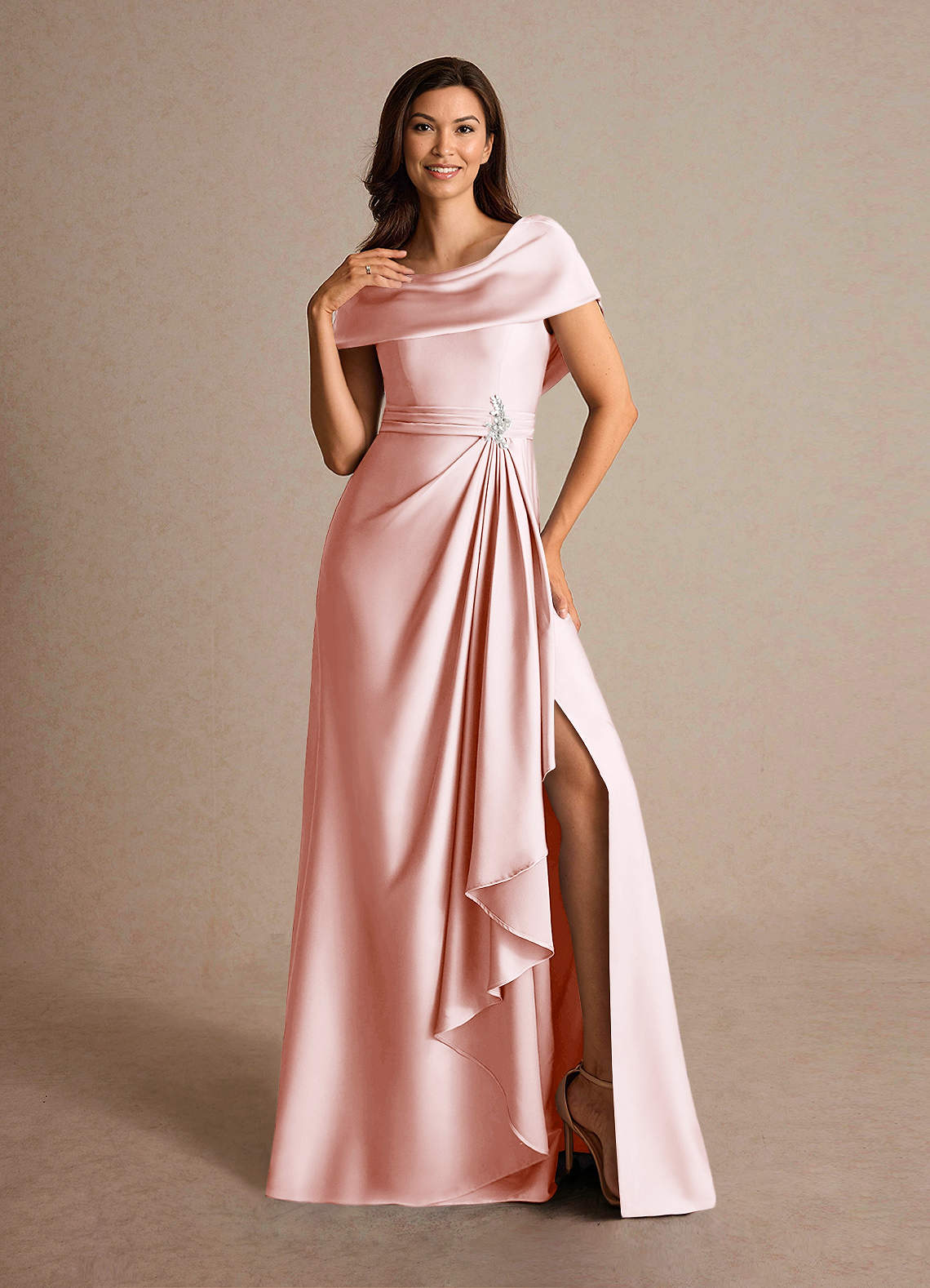 Azazie Branford Mother of the Bride Dresses Blushing Pink A-Line Pleated Stretch Satin Dress image5
