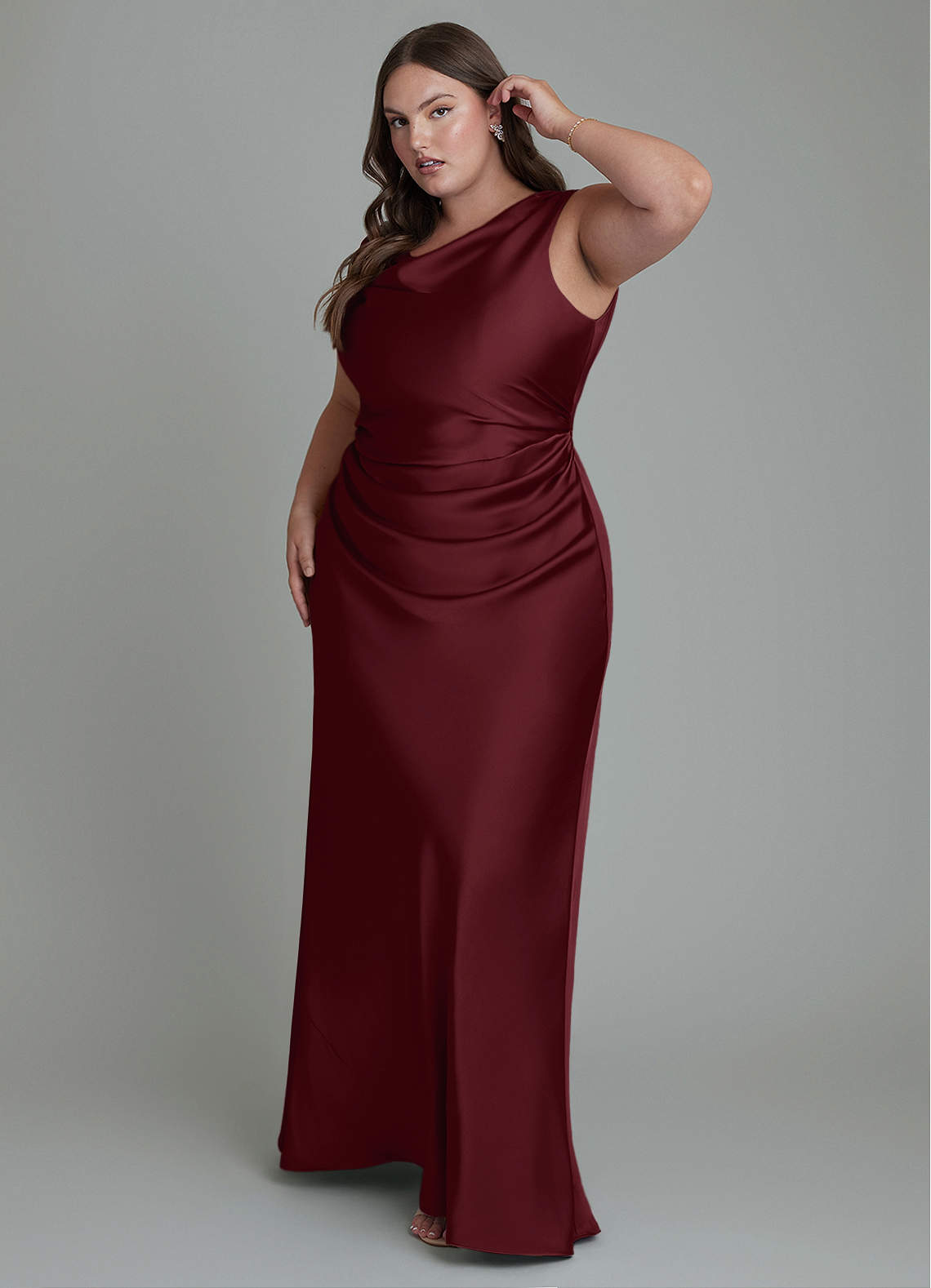 Azazie Kieryn Bridesmaid Dresses Cabernet Mermaid Pleated Stretch Satin Dress image8