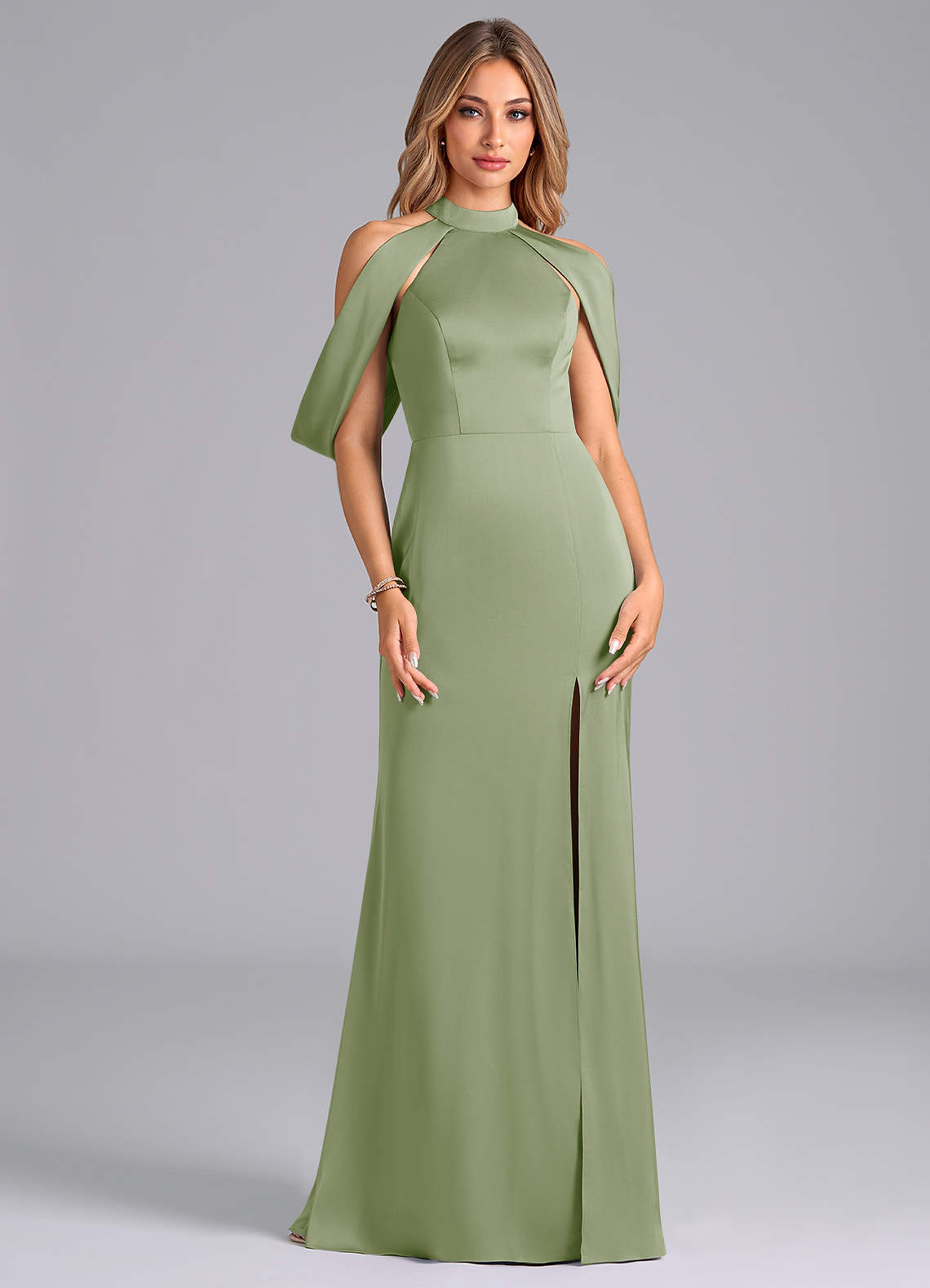 Azazie Bonny Jurken voor bruidsmeisjes Jurk van Stretch Satijn met Zeemeermin Off the Shoulder Stoffige Salie image1