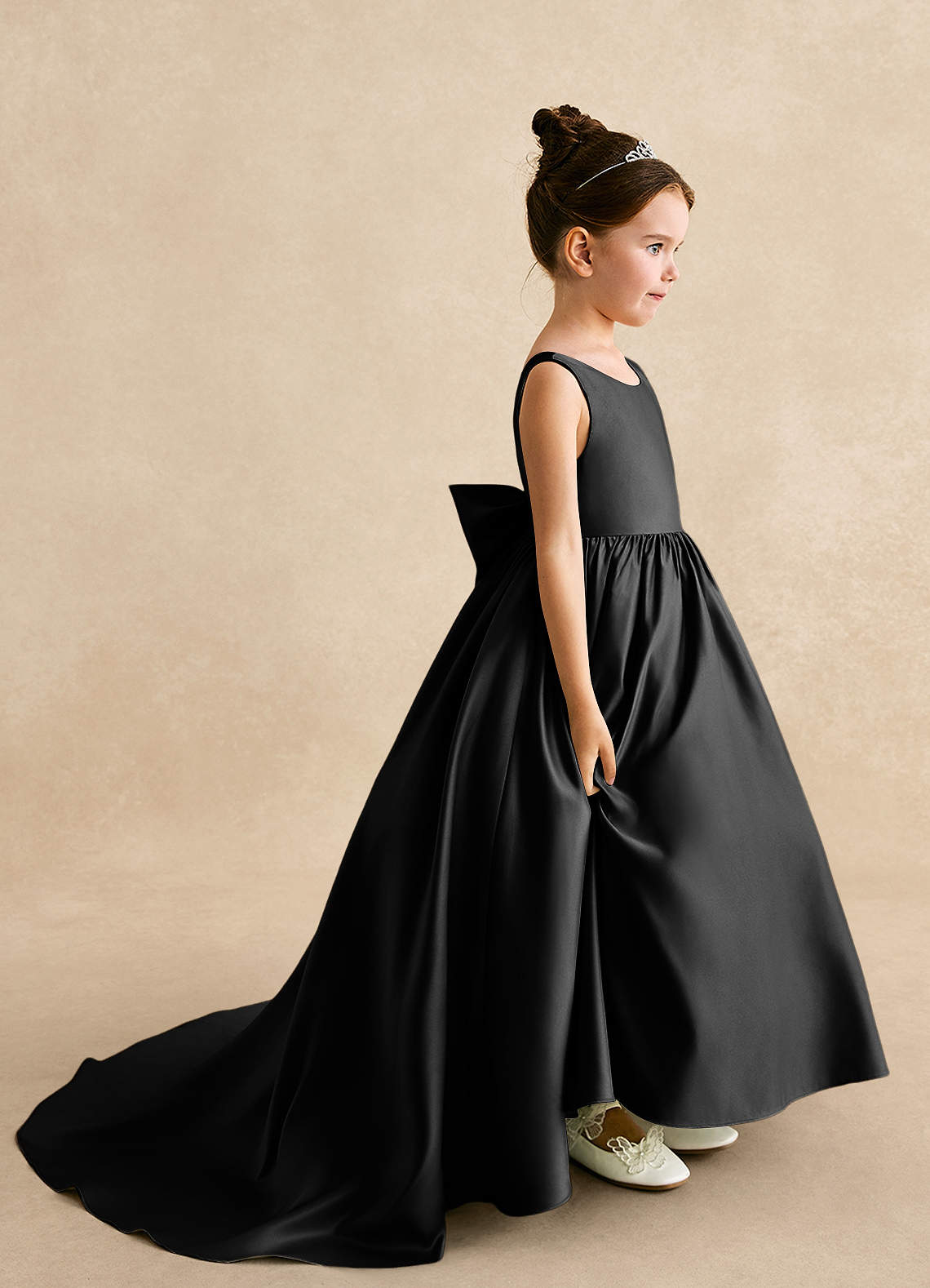 Azazie Mimia Flower Girl Dresses Black A-Line Bow Matte Satin Dress image1