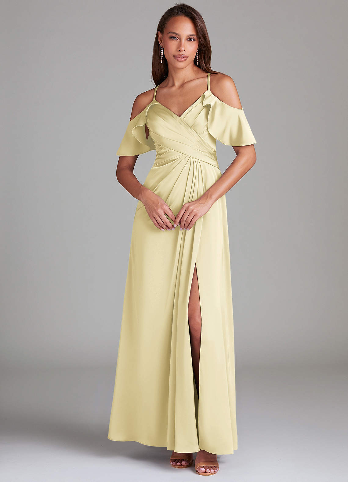 Azazie Dakota At-home Try On Dresses Emerald A-Line Off the Shoulder Stretch Satin Dress image2