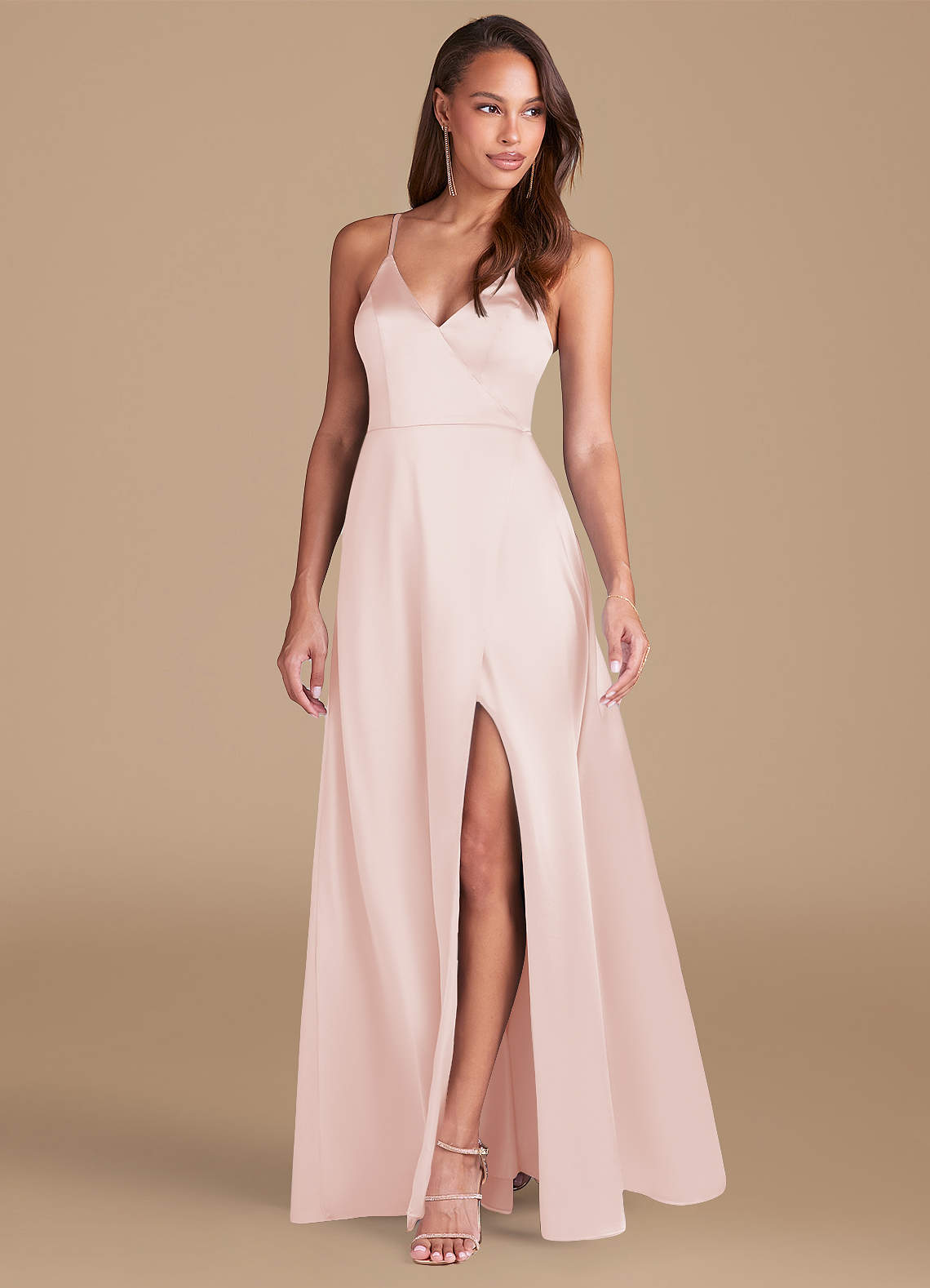 Azazie Maksim Ready to Ship Rose Gold Metallic Satin Bridesmaid Dresses |  Azazie