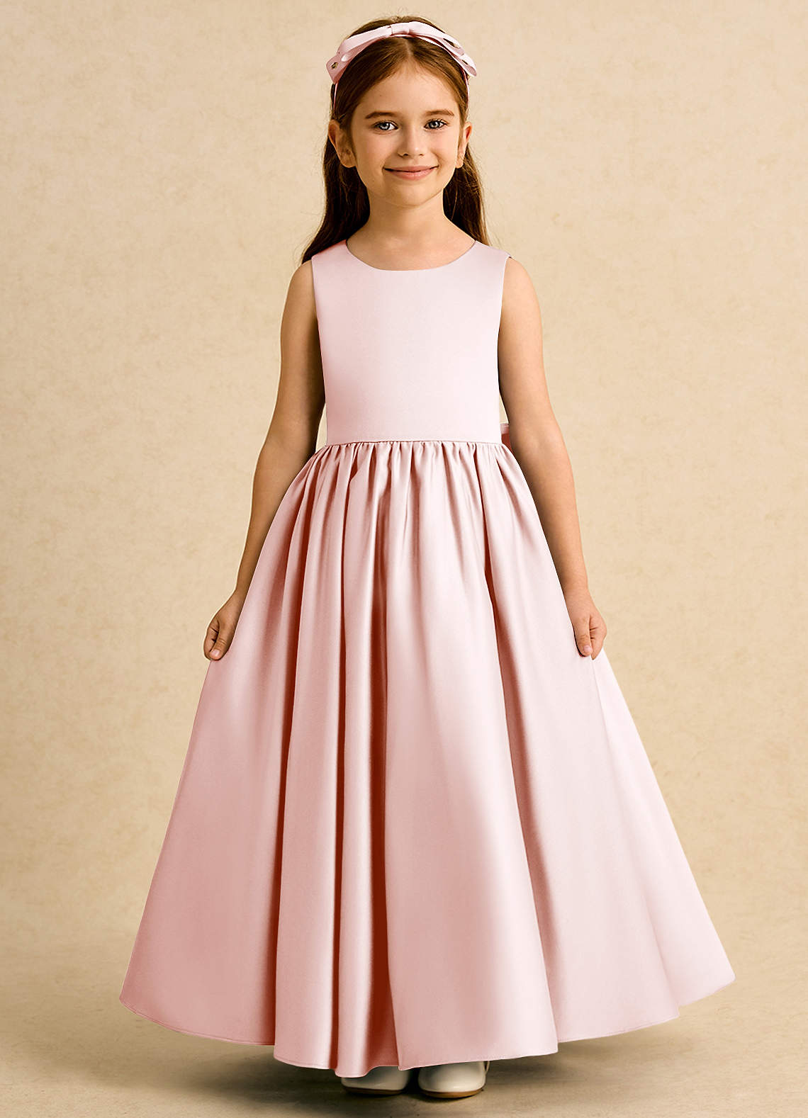 Azazie Nellia Flower Girl Dresses Blushing Pink A-Line Bow Matte Satin Dress image1