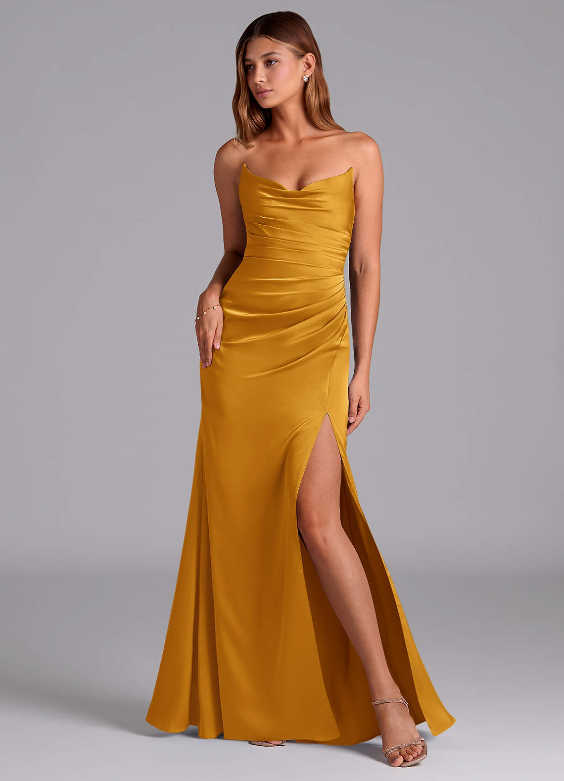 Azazie Claudelle Bridesmaid Dresses Butterscotch Mermaid Strapless Stretch Satin Dress image1