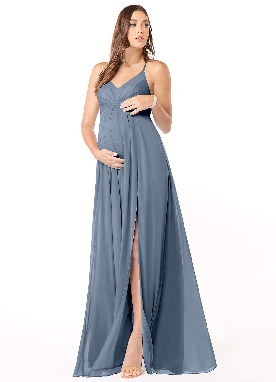 Azazie Annabelle vestidos de dama de honor de maternidad Vestido de Corte En A Cuello en V plisado Hasta el suelo Malla image1
