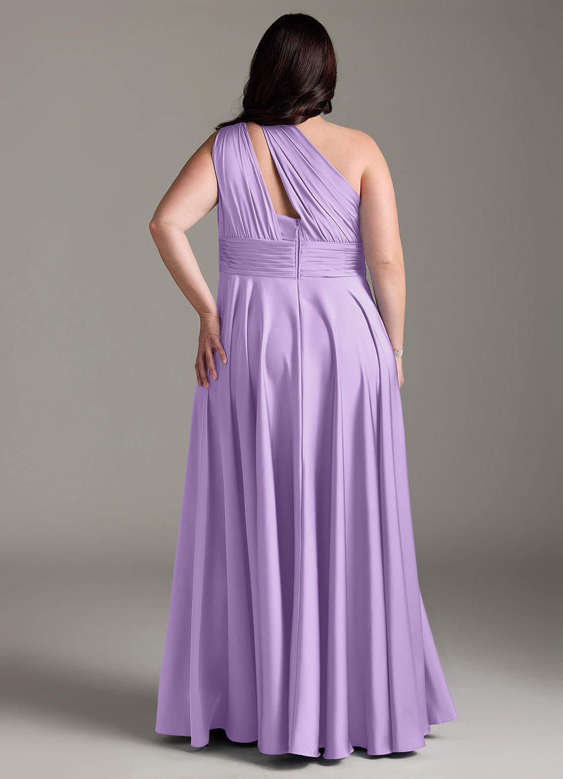 Azazie Charlize Bridesmaid Dresses Lilac A-Line One Shoulder Stretch Satin Dress image9