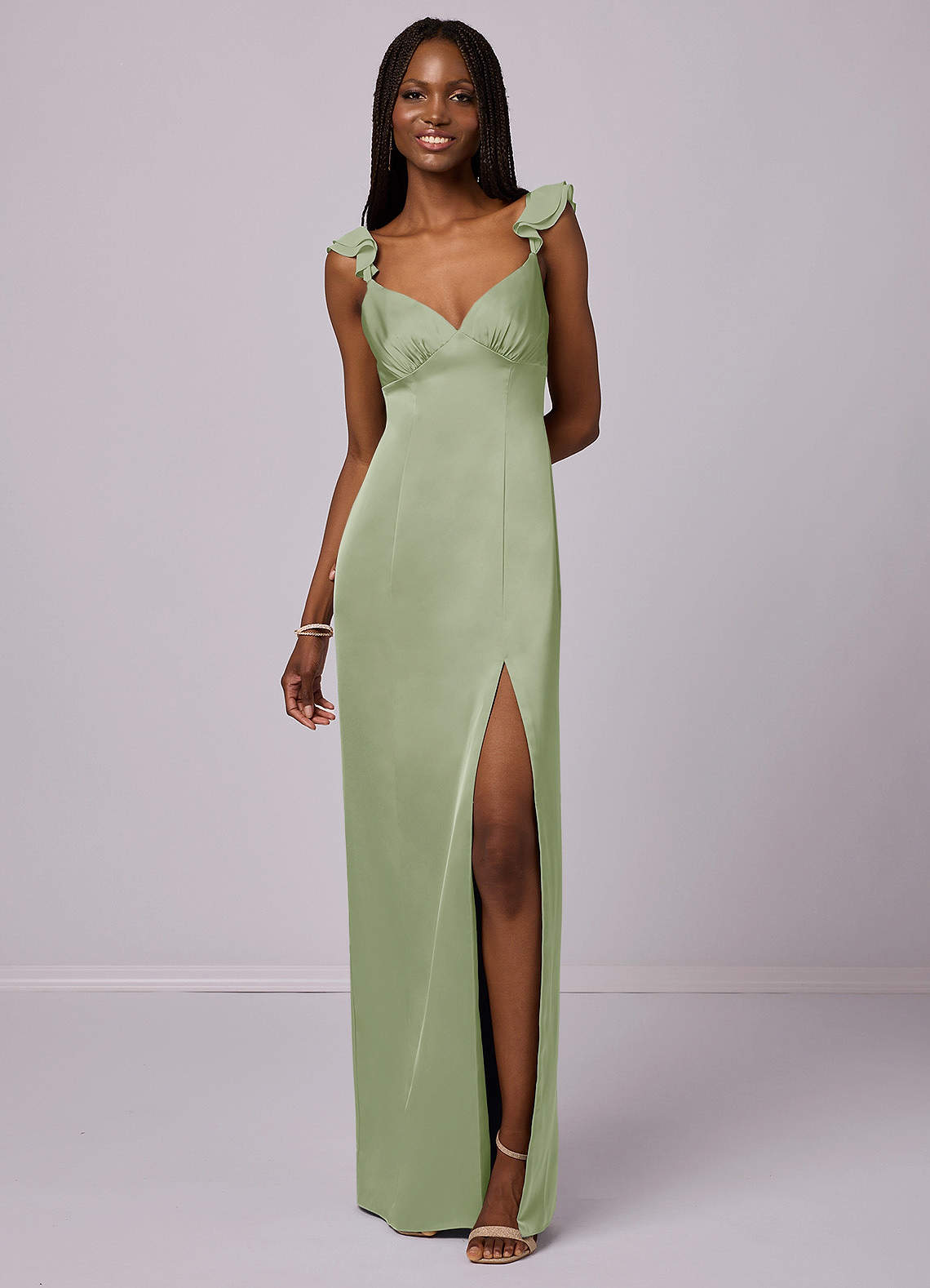 Barbie ♥ Azazie Bridesmaid Dresses Dusty Sage Sheath Stretch Satin Dress image3